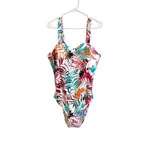 Eddie Bauer Core One Piece Swimsuit Pink Blue Tropical Open Back Padded XXL